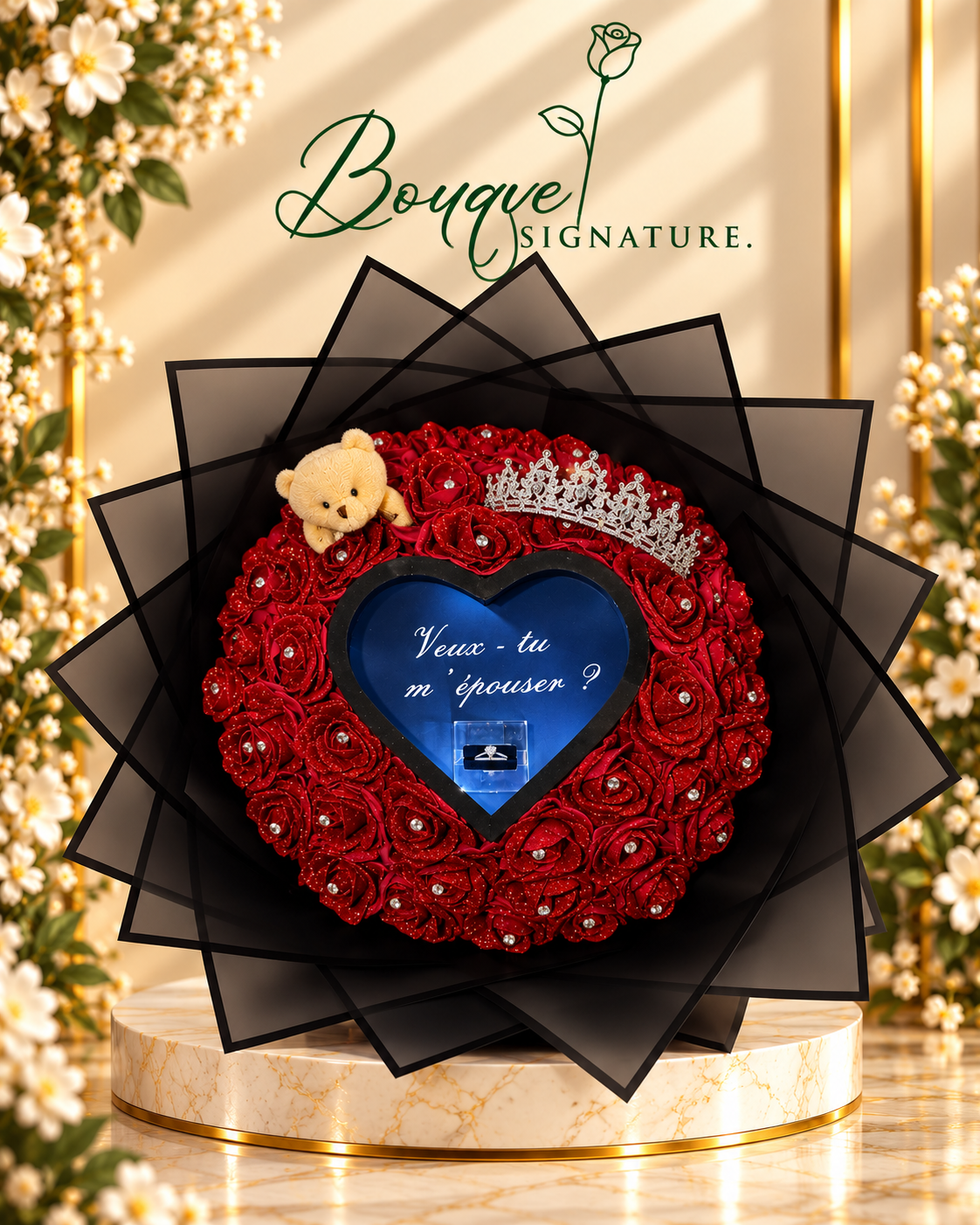 Bouquet Signature de demande en mariage de 45 roses avec LED